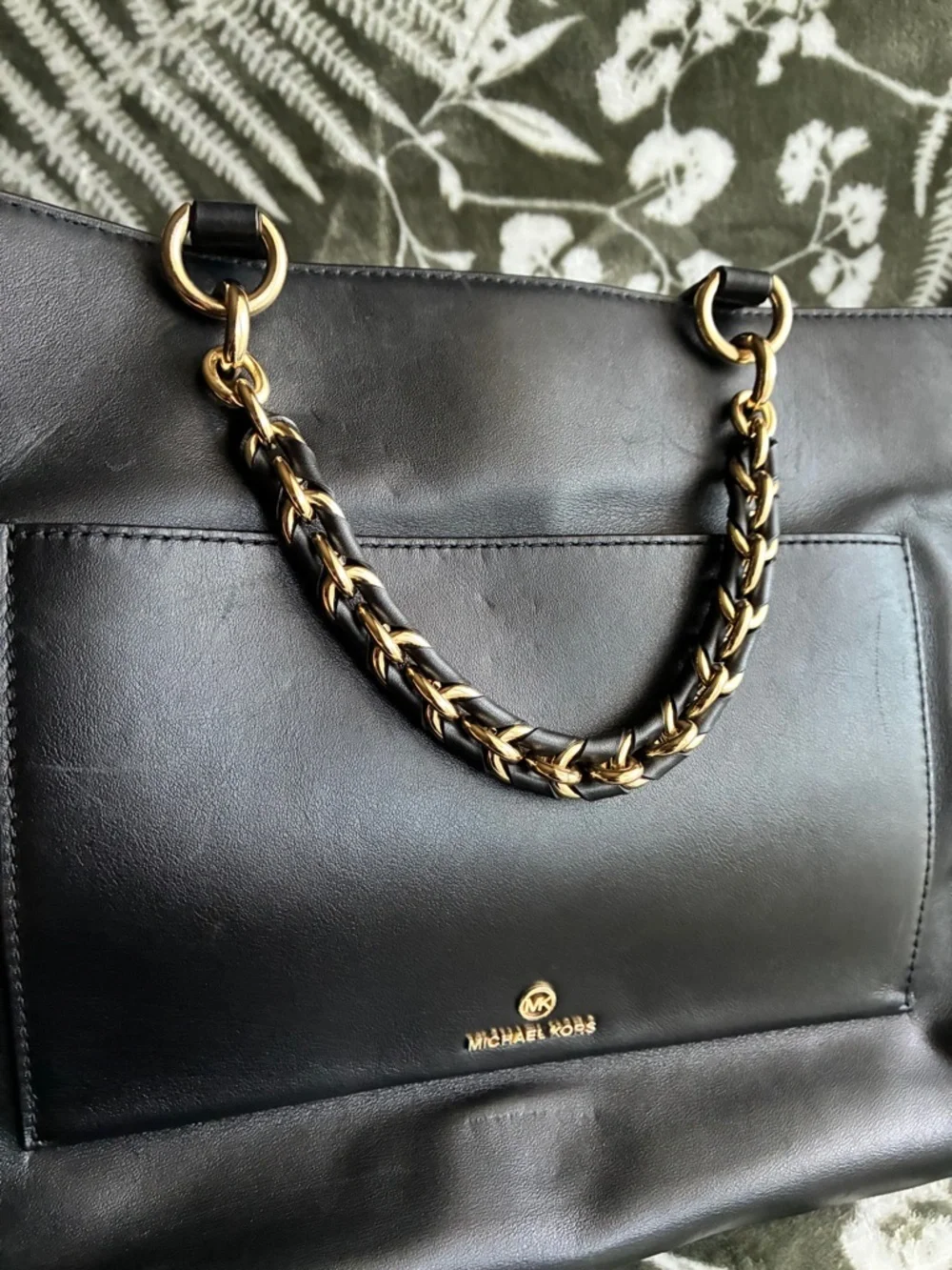 Michael Kors Black Leather Tote with Gold Chain Handles